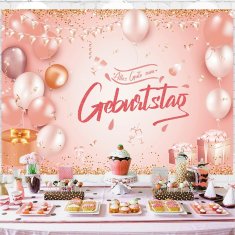 Nikcorp Rođendanska pozadina za fotografiranje, veliki XXL banner za proslave, periva i višekratna, otporna na trganje, rozo zlatna 210x150 cm