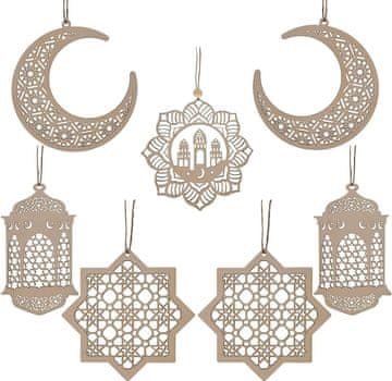 Nikcorp Ramazanske drvene dekoracije, set 7 kom, viseći ukrasi za dom, zid, vrata, Eid Mubarak blagdanski ugođaj, smeđa boja