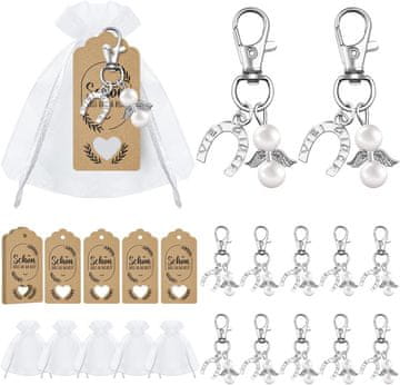 Nikcorp Set 30 privjesaka anđeo, poklon za goste za krštenje, vjenčanje, pričest, s organza vrećicama i kraft etiketama, bijeli