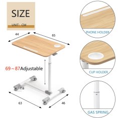 Nikcorp Pomoćni stolić na kotačima s podesivom visinom 69-87 cm, mobilni radni stol za laptop uz krevet, drvena ploča 65x44 cm