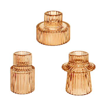 Nikcorp Stakleni svijećnjaci za svijeće, dvostrani set 3 kom, za lučice i duge svijeće, dekoracija za stol, boho stil, prozirno smeđi