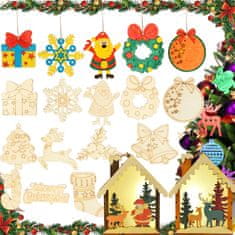 Nikcorp Drveni božićni ukrasi za bor, kreativni set za bojanje, 12 komada s flomasterima i 2 svjetleća ukrasa, prirodno drvo