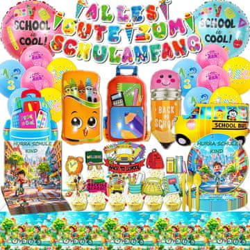Nikcorp Set za dekoraciju za povratak u školu, komplet za proslavu prvog dana škole s balonima, tanjurima, priborom i banerom