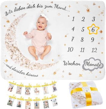 Nikcorp Deka za fotografiranje beba s mjesecima, podloga za igru i praćenje razvoja, mekana tkanina, zlatni mjesec, 130x100 cm