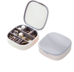 Nikcorp Kutija za nakit prijenosna s ogledalom, sivi organizator za prstenje, naušnice i ogrlice, vodootporna, 10x10 cm