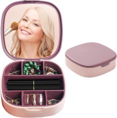Nikcorp Kutija za nakit prijenosna s ogledalom, vodootporni organizator za prstenje, naušnice i ogrlice, roza 10x10 cm