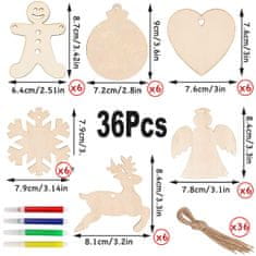 Nikcorp Drveni Božićni Ukrasi za Bor DIY Set 36 kom, za bojanje i ukrašavanje, s flomasterima i jutom, prirodno drvo