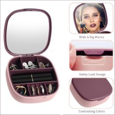 Nikcorp Kutija za nakit prijenosna s ogledalom, vodootporni organizator za prstenje, naušnice i ogrlice, roza 10x10 cm