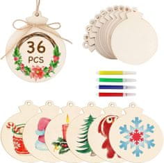 Nikcorp Drveni Božićni Ukrasi za Bor DIY Set 36 kom, za bojanje i ukrašavanje, s flomasterima i jutom, prirodno drvo