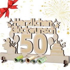 Nikcorp Drveni poklon za 50. rođendan, kreativna čestitka s 5 rupa za novčanice, laserski gravirana ploča za jubilej, 30x16,5cm