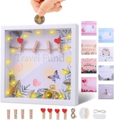 Nikcorp JIZZU 3D okvir za slike sa spremnikom 2u1, drveni za uspomene, s LED svjetlima i 8 pozadina, 22x22 cm