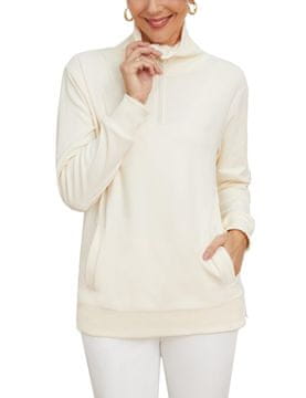 Nikcorp Ženska majica s visokim ovratnikom na patentni zatvarač, udobna i elegantna, s V-izrezom i bočnim džepovima, bijela, XL