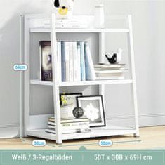 Nikcorp Polica za knjige s 3 razine, moderni regal za odlaganje, metalni okvir i drvene police, za dnevni boravak, ured, bijela, 50x30x69 cm
