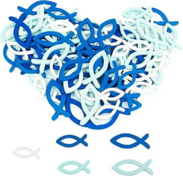 Nikcorp Drvene ribice za krštenje, pričest, krizmu 126 komada, dekoracija za stol i poklone, plava i bijela, 3 veličine