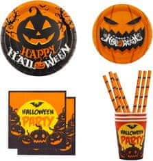 Nikcorp Set papirnatog posuđa za Halloween party za 10 osoba, jednokratni tanjuri, čaše, salvete i slamke, motiv bundeve i šišmiša