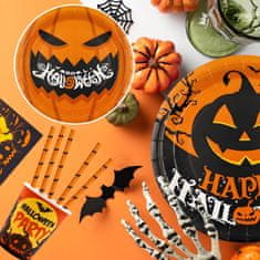 Nikcorp Set papirnatog posuđa za Halloween party za 10 osoba, jednokratni tanjuri, čaše, salvete i slamke, motiv bundeve i šišmiša