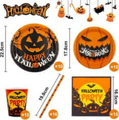 Nikcorp Set papirnatog posuđa za Halloween party za 10 osoba, jednokratni tanjuri, čaše, salvete i slamke, motiv bundeve i šišmiša
