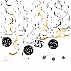 Nikcorp Rođendanske dekoracije za 25. rođendan, 12 komada visećih spirala za strop, zid ili vrata, zlatna, crna i srebrna boja