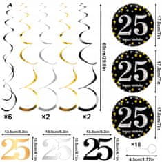 Nikcorp Rođendanske dekoracije za 25. rođendan, 12 komada visećih spirala za strop, zid ili vrata, zlatna, crna i srebrna boja