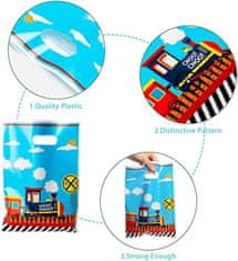 Nikcorp Poklon vrećice 50 kom, vodootporne plastične vrećice za darove s motivom vlaka, za dječji rođendan i baby shower, 18.3 cm