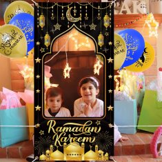 Nikcorp Fotografska pozadina za Ramadan Kareem, izdržljivi banner za slikanje, dekoracija za zabavu, periva, sklopiva, crno-zlatna, 180x90cm