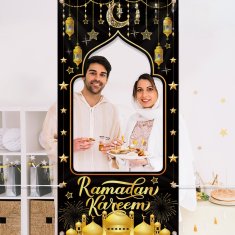 Nikcorp Fotografska pozadina za Ramadan Kareem, izdržljivi banner za slikanje, dekoracija za zabavu, periva, sklopiva, crno-zlatna, 180x90cm