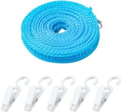 Nikcorp Prijenosno uže za rublje 3m, rastezljivo do 5m, otporno na vjetar, za putovanja, kampiranje i dom, s kukama i 5 kvačica, plavo