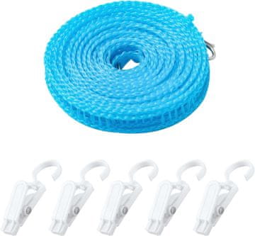 Nikcorp Prijenosno uže za rublje 3m, rastezljivo do 5m, otporno na vjetar, za putovanja, kampiranje i dom, s kukama i 5 kvačica, plavo