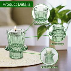 Nikcorp Set 3 staklena svijećnjaka, dvostrani dizajn za lučice i stupne svijeće, boho dekoracija za stol, zeleni