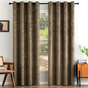 Nikcorp Baršunaste termo zavjese za zamračivanje, set 2 kom, s metalnim prstenovima, elegantne smeđe sa zlatnim printom 140x145 cm