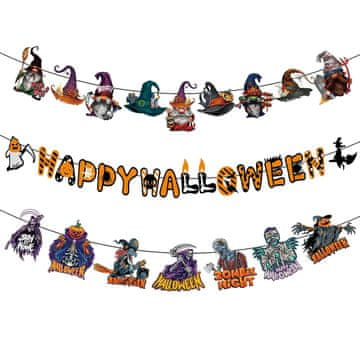 Nikcorp Halloween banneri za vješanje, set 3 kom, papirnata girlanda Vještica, Zombi, Vampir, horor dekoracija za zabave, 20 cm