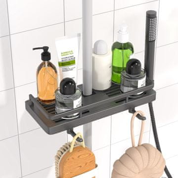 Nikcorp Polica za tuš bez bušenja za šipku 18-25 mm, s 2 kuke i držačem za tuš slušalicu, ABS plastika, tamno siva