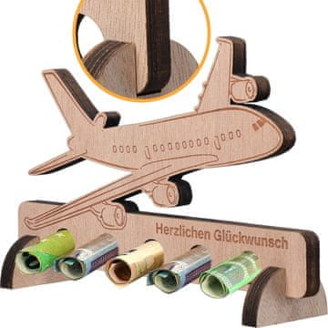 Nikcorp Drveni avion s gravurom, originalan poklon za rođendan, stalak za novac s 5 rupa, personalizirana dekoracija, 20x12 cm