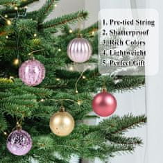 Nikcorp Kuglice za bor 12 komada, otporne na lomljenje, set za dekoraciju s 5 različitih završnih obrada, crvene, roze, zlatne, 6 cm