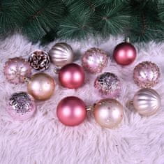 Nikcorp Kuglice za bor 12 komada, otporne na lomljenje, set za dekoraciju s 5 različitih završnih obrada, crvene, roze, zlatne, 6 cm