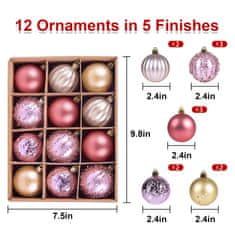 Nikcorp Kuglice za bor 12 komada, otporne na lomljenje, set za dekoraciju s 5 različitih završnih obrada, crvene, roze, zlatne, 6 cm