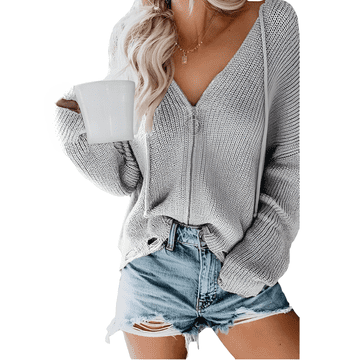 Nikcorp Ženska vesta kardigan s kapuljačom, udobna pletena majica dugih rukava s V-izrezom za svaki dan, siva, veličina XL