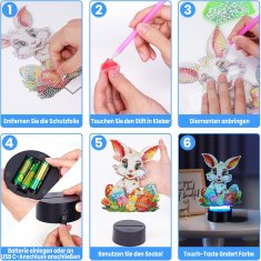 Nikcorp LED noćna lampa za slikanje dijamantima, kreativni DIY set za djecu, uskrsni zec s cvijećem, 5 boja svjetla na dodir, USB/baterije