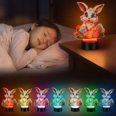 Nikcorp LED noćna lampa za slikanje dijamantima, kreativni DIY set za djecu, uskrsni zec s cvijećem, 5 boja svjetla na dodir, USB/baterije