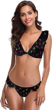 Nikcorp Elegantni dvodijelni kupaći kostim s volanima, duboki V-izrez, podesive naramenice, gaćice niskog struka, uzorak trešnje