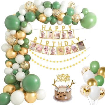 Nikcorp Set rođendanskih dekoracija Džungla Safari, kompletni ukrasi za dječji rođendan, baloni, banner, girlanda, zeleno-zlatno-bijeli