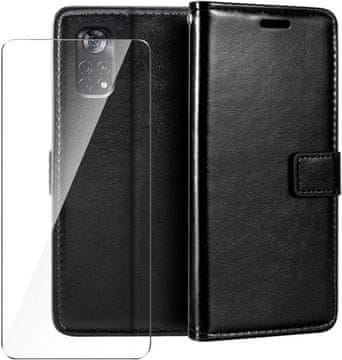 Nikcorp Preklopna torbica za Xiaomi Poco X4 Pro 5G s utorom za kartice, stalkom i kaljenim staklom, PU koža, crna