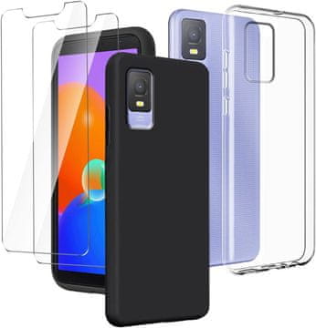 Nikcorp Set 2x maskica za TCL 403, crna i prozirna + 2x kaljeno staklo, potpuna 360° zaštita, TPU silikon, 6.0"