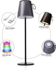 Nikcorp Bežična stolna LED lampa vodootporna IP54, RGB s podesivom visinom, upravljanje na dodir, toplo svjetlo 3000K, crna