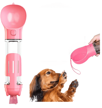 Nikcorp Boca za vodu za pse 4u1, prijenosna pojilica sa zdjelicom i spremnikom za hranu, idealna za putovanja i šetnje, 500 ml, roza