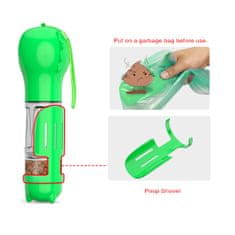 Nikcorp Prijenosna boca za pse i mačke 4u1, 300 ml, za vodu i hranu, s lopaticom i spremnikom za vrećice, putna, zelena