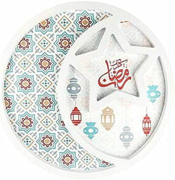 Nikcorp Drveni tanjur za desert Eid Mubarak, elegantni pladanj za posluživanje, ramazanska dekoracija sa zvijezdom i mjesecom, bijeli