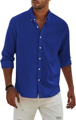 Nikcorp Muška lanena košulja s pamukom, dugi rukav, prozračna i udobna, elegantni casual kroj za posao i slobodno vrijeme, plava, XXL