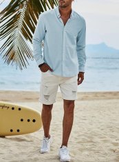 Nikcorp Muška lanena košulja s pamukom, dugi rukav, prozračna i udobna za cijeli dan, elegantni casual kroj, svijetloplava XXL