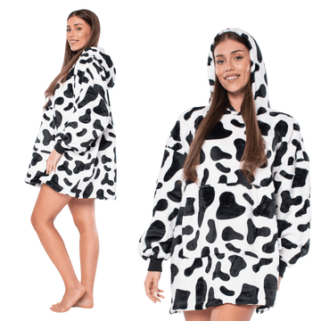 Nikcorp Deka s rukavima 2u1, topla i mekana oversize majica s kapuljačom, debela sherpa podstava, veliki džep, uzorak kravlje mrlje